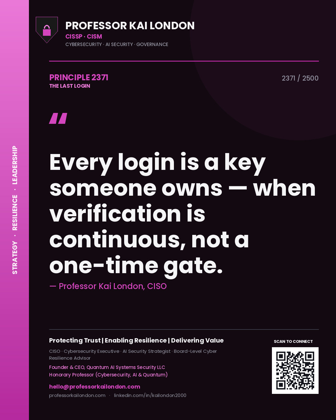 Quote card by Professor Kai London reading 'Every login is a key someone owns — when verification is continuous, not a one-time gate.'. From the book The Last Login.