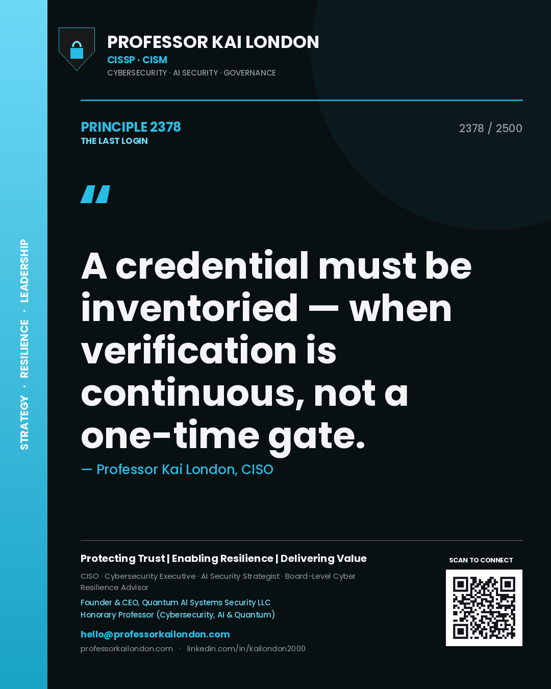 Quote card by Professor Kai London reading 'A credential must be inventoried — when verification is continuous, not a one-time gate.'. From the book The Last Login.