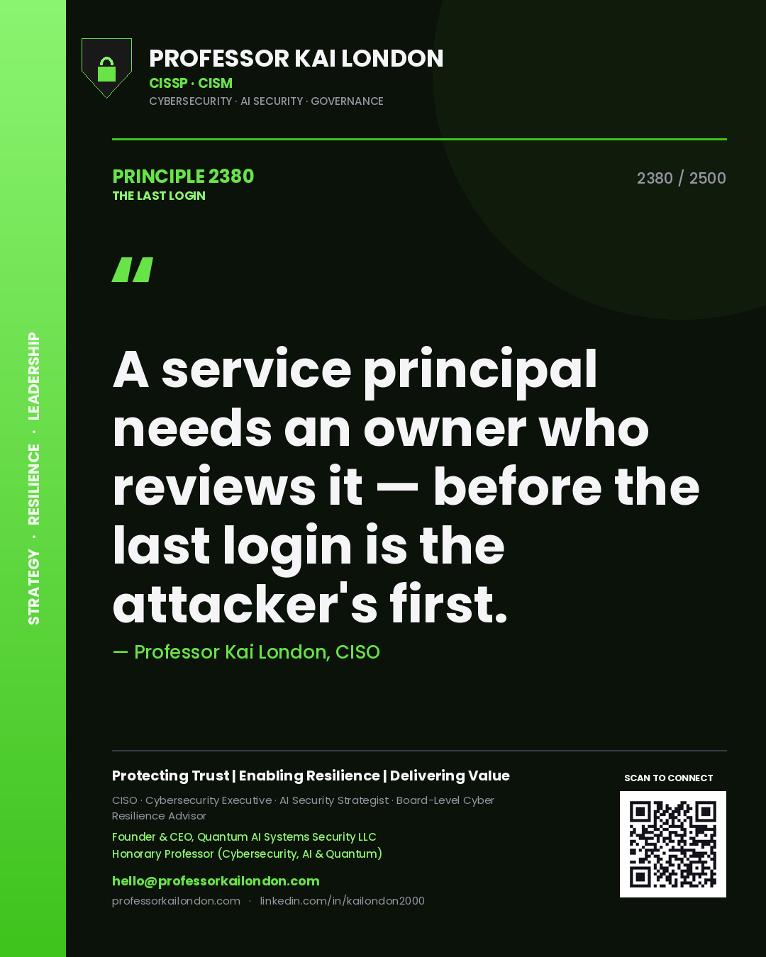 Quote card by Professor Kai London reading 'A service principal needs an owner who reviews it — before the last login is the attacker's first.'. From the book The Last Login.