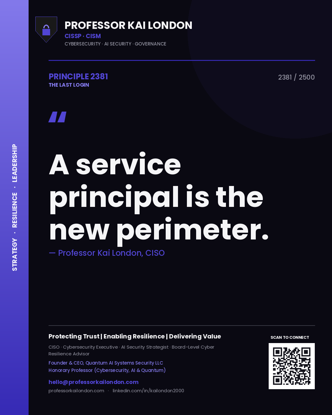 Quote card by Professor Kai London reading 'A service principal is the new perimeter.'. From the book The Last Login.