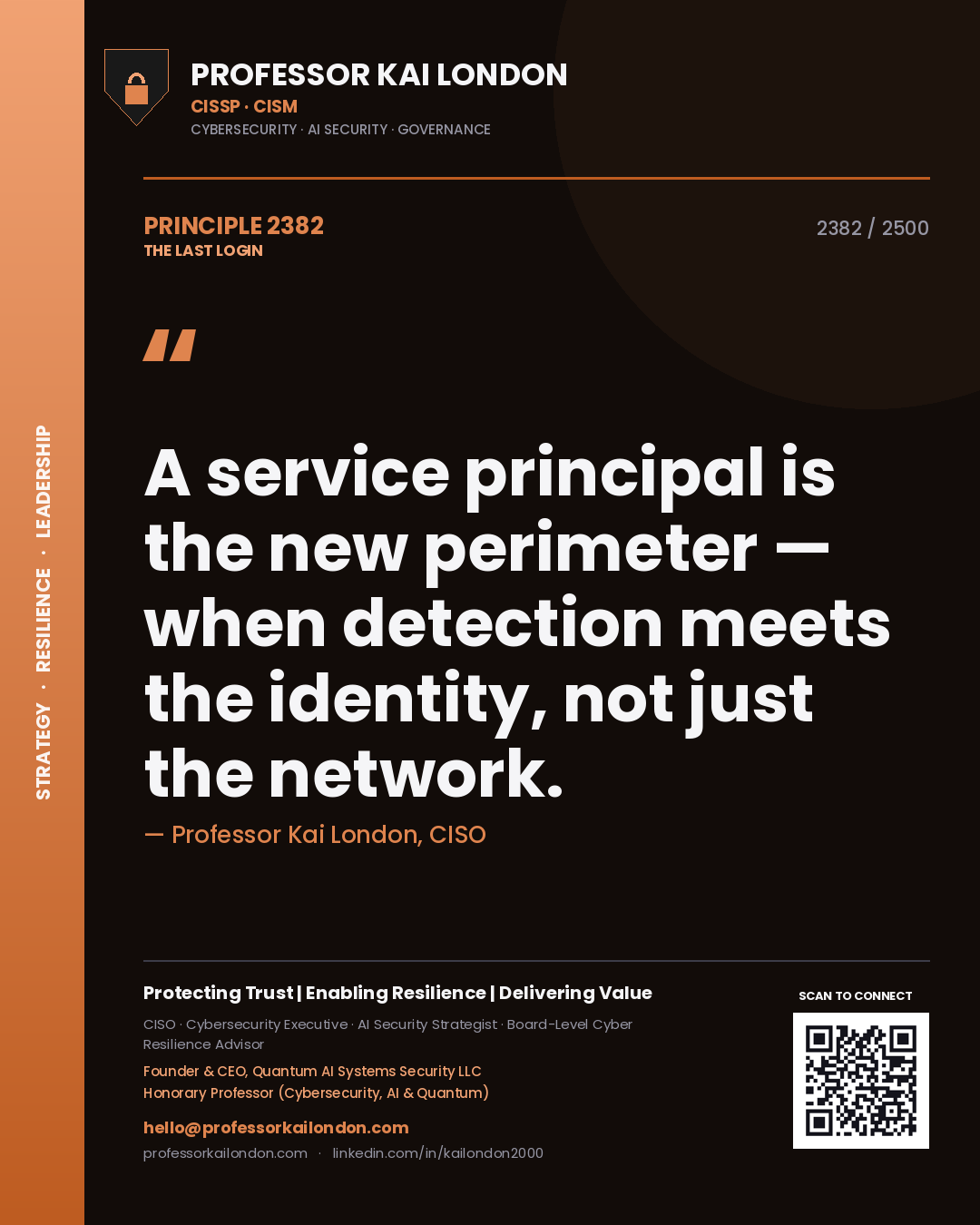 Quote card by Professor Kai London reading 'A service principal is the new perimeter — when detection meets the identity, not just the network.'. From the book The Last Login.
