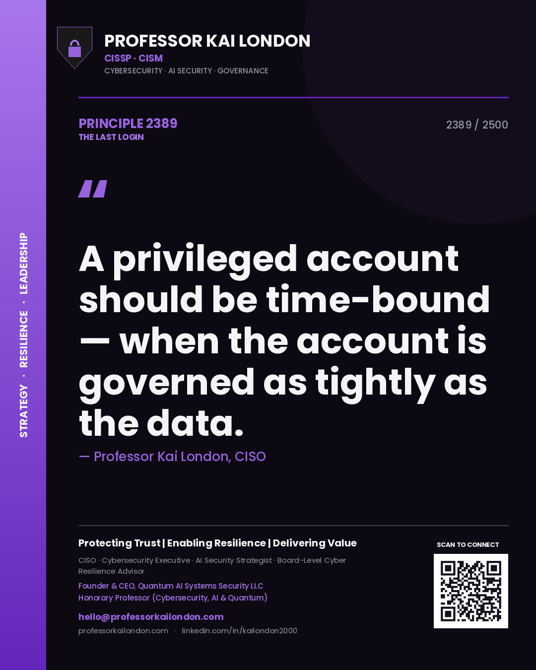 Quote card by Professor Kai London reading 'A privileged account should be time-bound — when the account is governed as tightly as the data.'. From the book The Last Login.