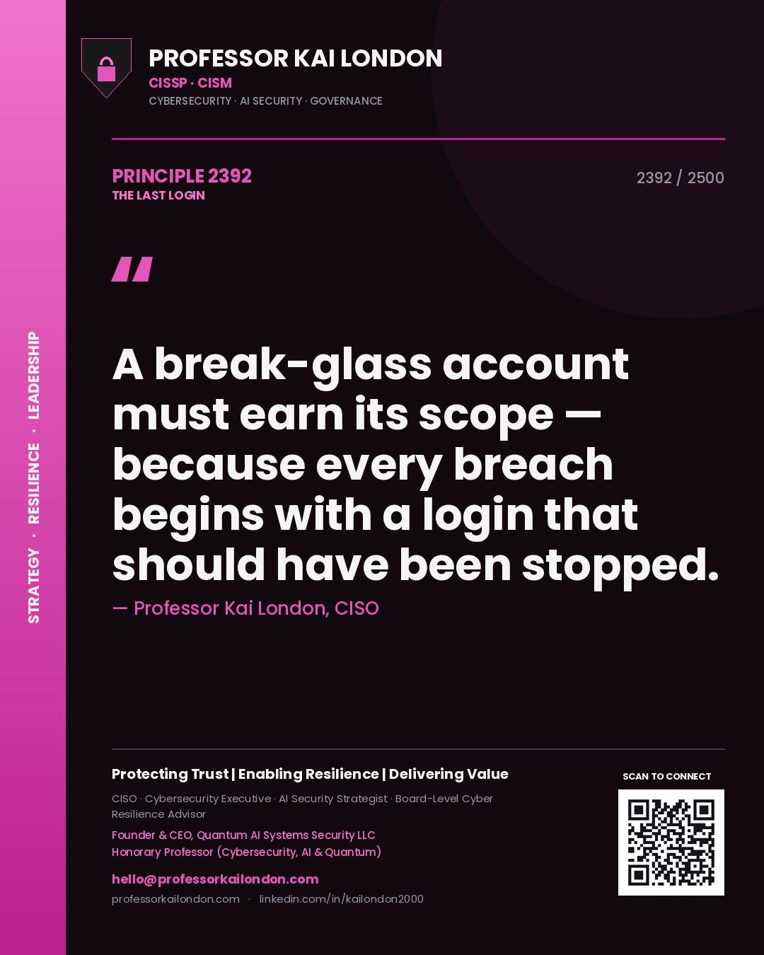 Quote card by Professor Kai London reading 'A break-glass account must earn its scope — because every breach begins with a login that should have been stopped.'. From the book The Last Login.
