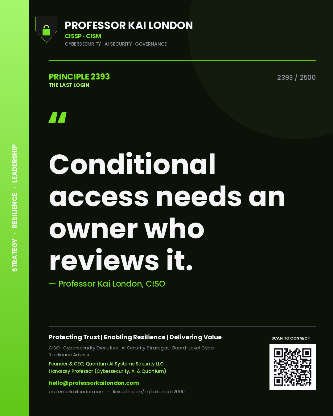 Quote card by Professor Kai London reading 'Conditional access needs an owner who reviews it.'. From the book The Last Login.