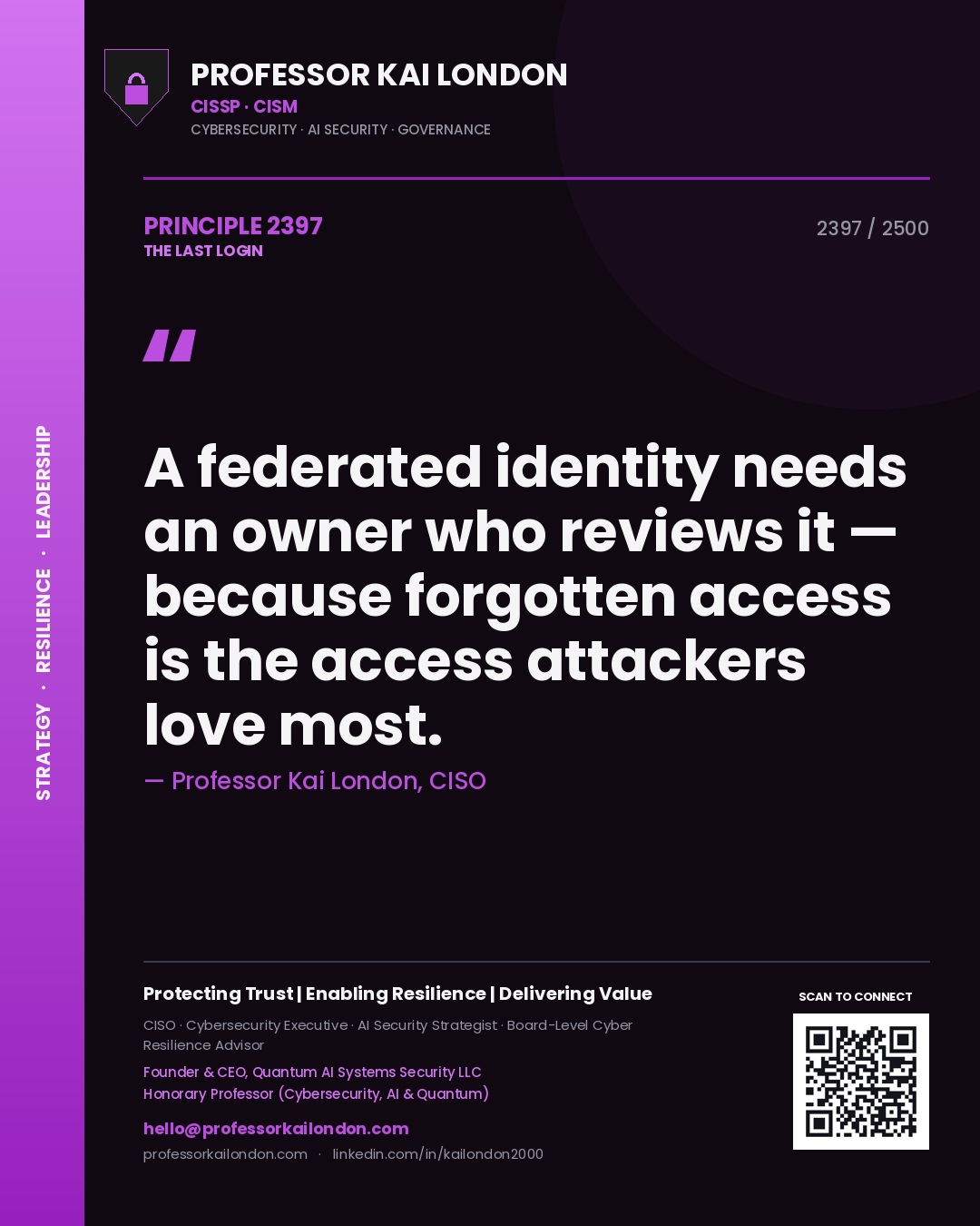 Quote card by Professor Kai London reading 'A federated identity needs an owner who reviews it — because forgotten access is the access attackers love most.'. From the book The Last Login.