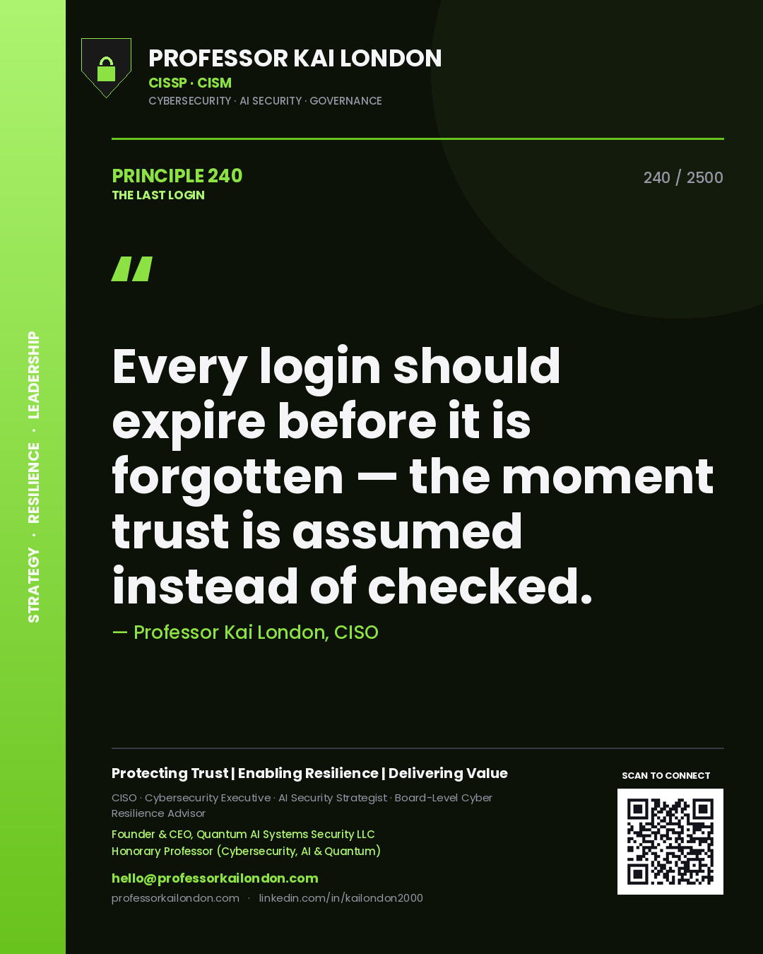 Quote card by Professor Kai London reading 'Every login should expire before it is forgotten — the moment trust is assumed instead of checked.'. From the book The Last Login.