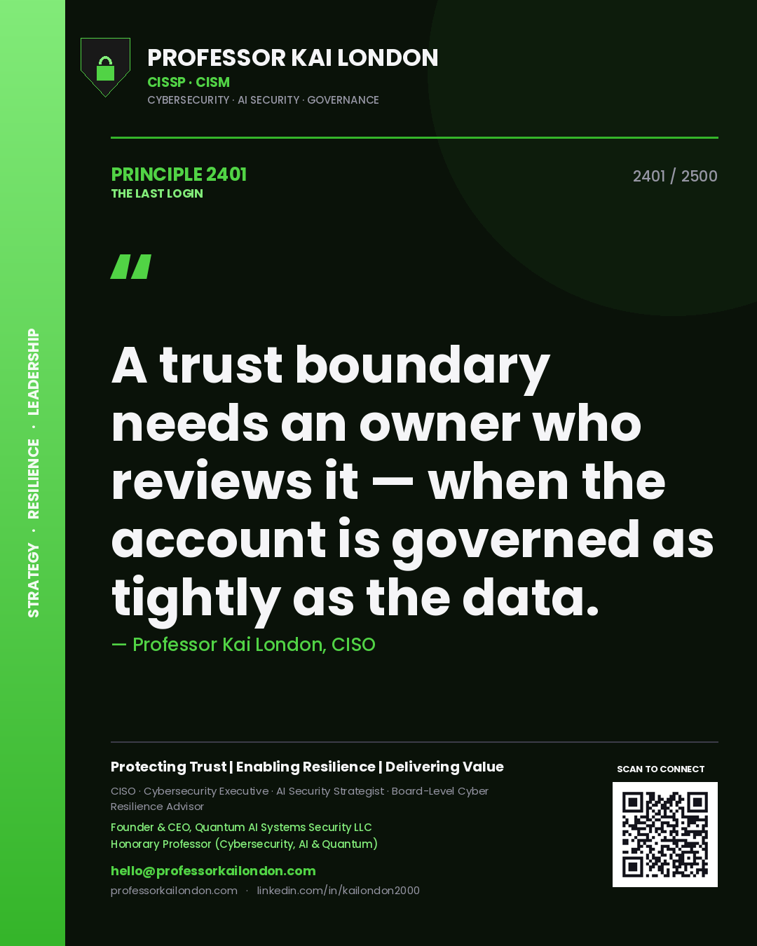 Quote card by Professor Kai London reading 'A trust boundary needs an owner who reviews it — when the account is governed as tightly as the data.'. From the book The Last Login.