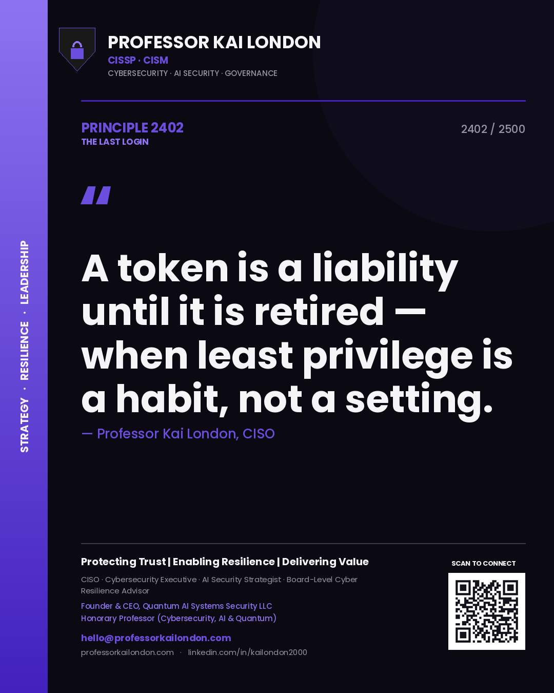 Quote card by Professor Kai London reading 'A token is a liability until it is retired — when least privilege is a habit, not a setting.'. From the book The Last Login.