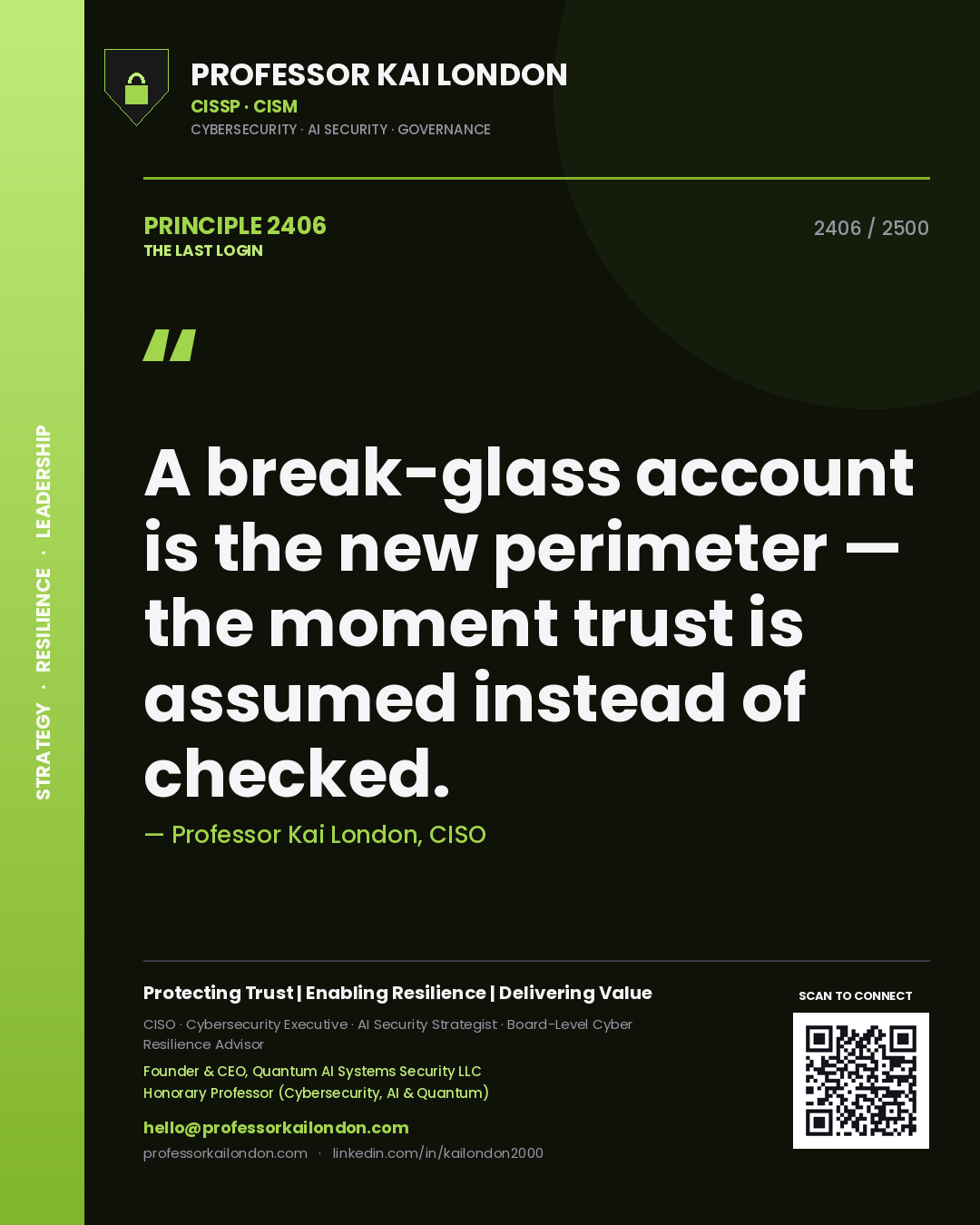 Quote card by Professor Kai London reading 'A break-glass account is the new perimeter — the moment trust is assumed instead of checked.'. From the book The Last Login.