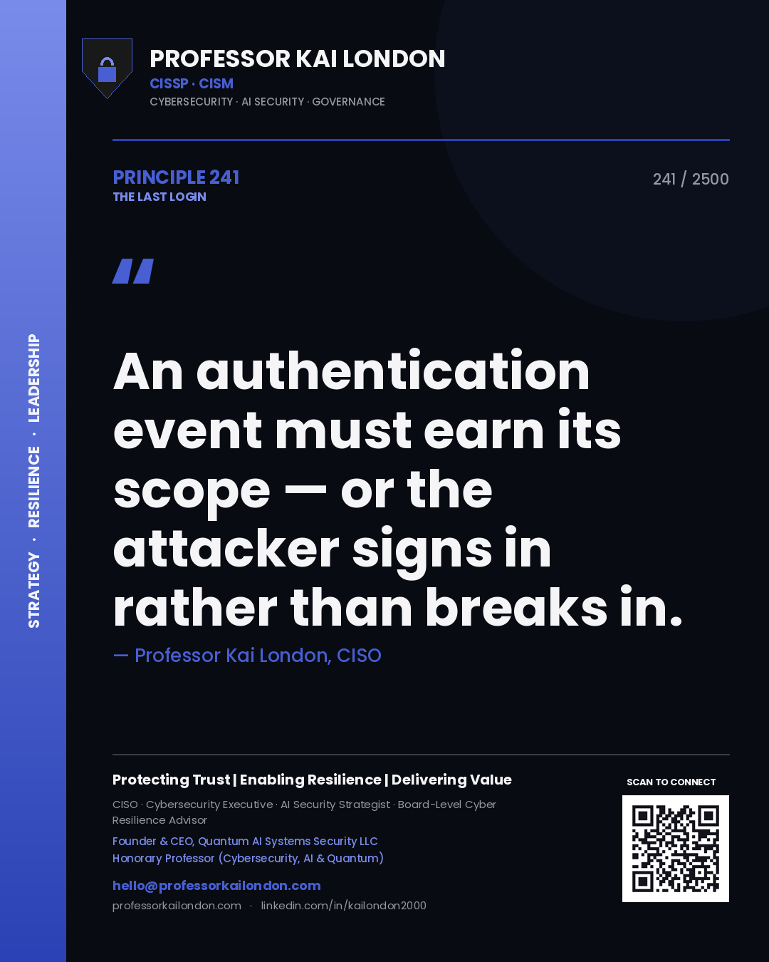 Quote card by Professor Kai London reading 'An authentication event must earn its scope — or the attacker signs in rather than breaks in.'. From the book The Last Login.