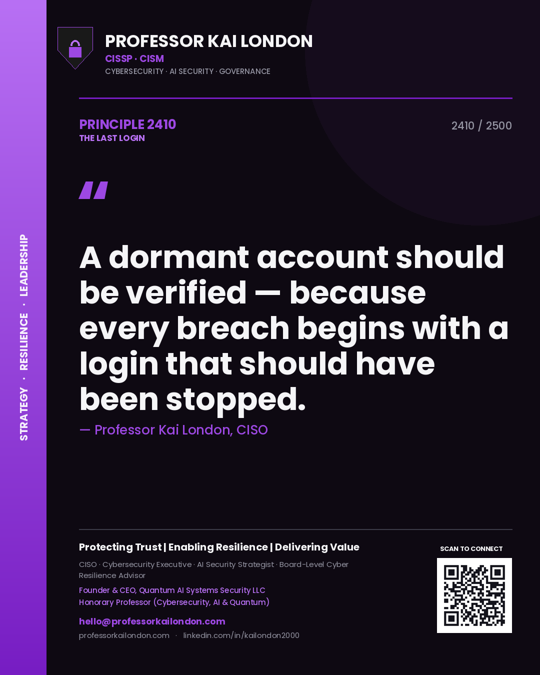 Quote card by Professor Kai London reading 'A dormant account should be verified — because every breach begins with a login that should have been stopped.'. From the book The Last Login.