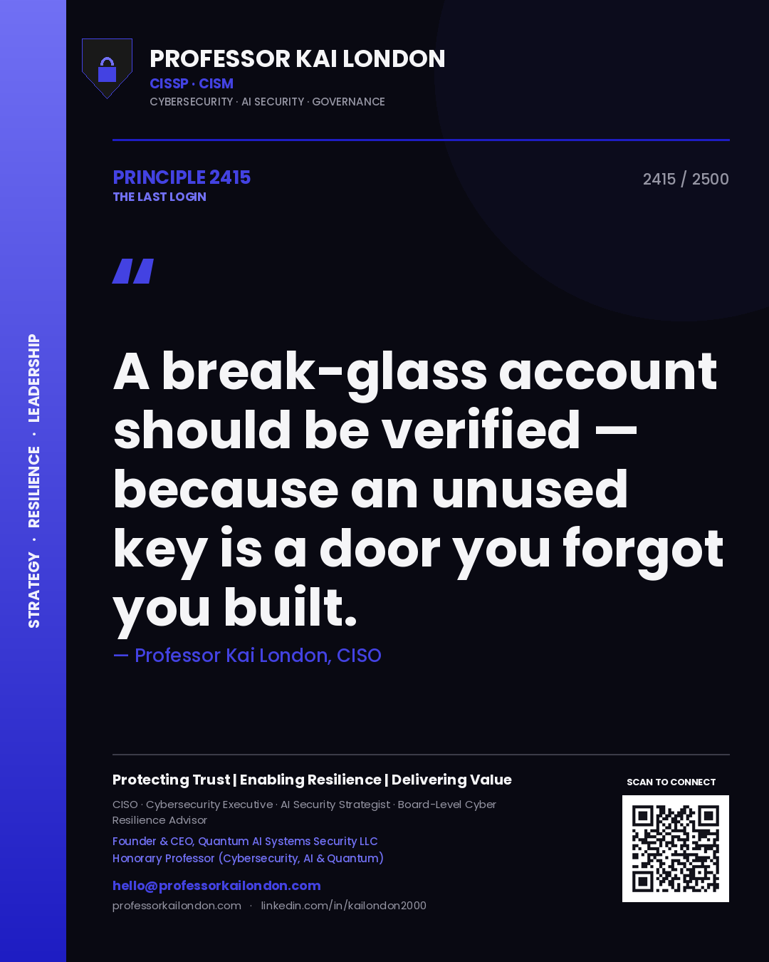 Quote card by Professor Kai London reading 'A break-glass account should be verified — because an unused key is a door you forgot you built.'. From the book The Last Login.