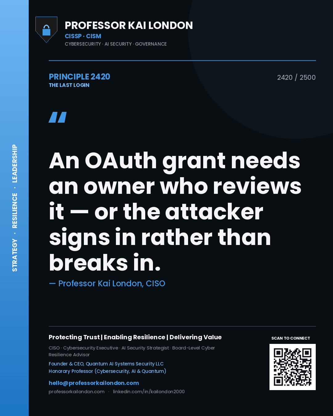 Quote card by Professor Kai London reading 'An OAuth grant needs an owner who reviews it — or the attacker signs in rather than breaks in.'. From the book The Last Login.