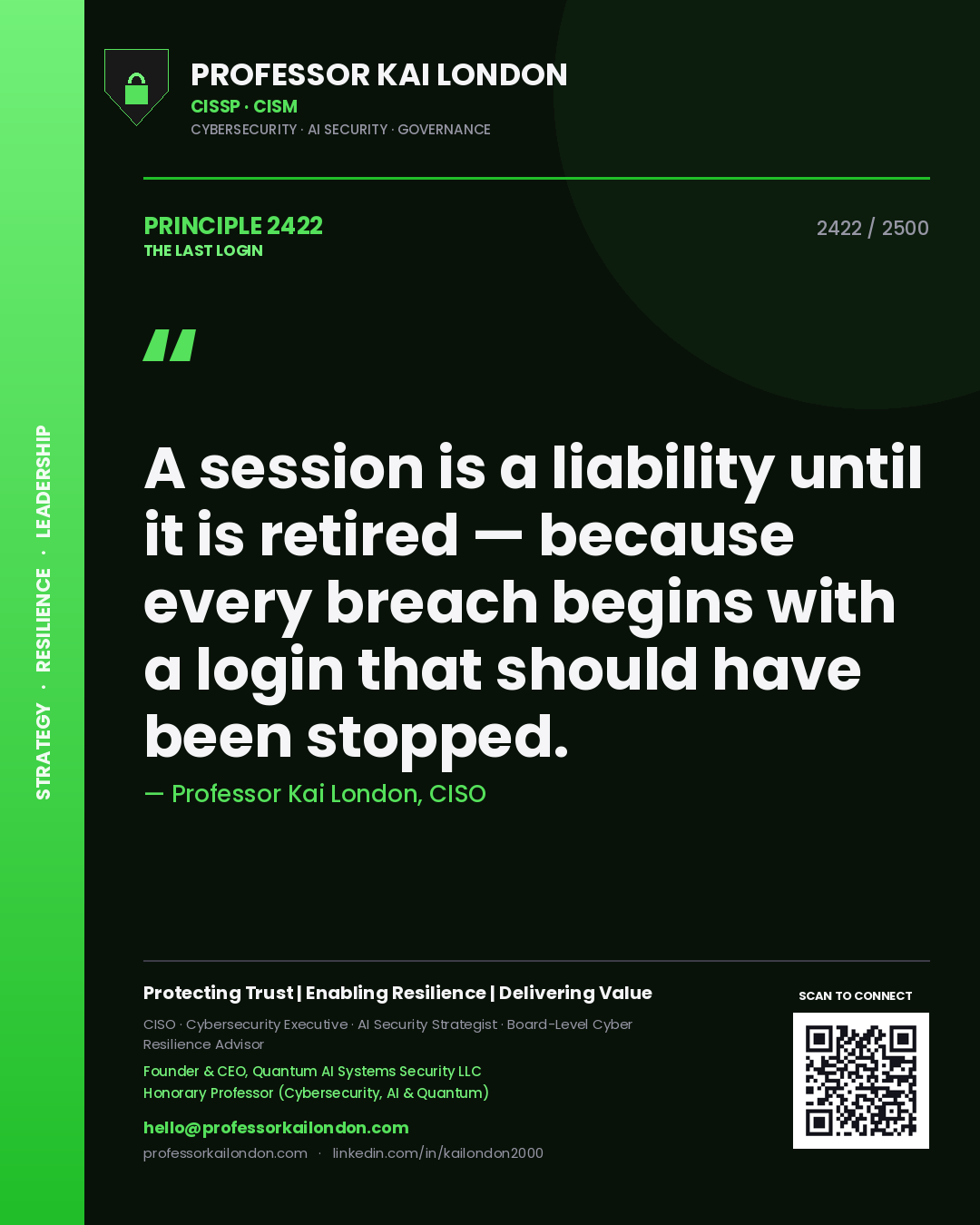 Quote card by Professor Kai London reading 'A session is a liability until it is retired — because every breach begins with a login that should have been stopped.'. From the book The Last Login.