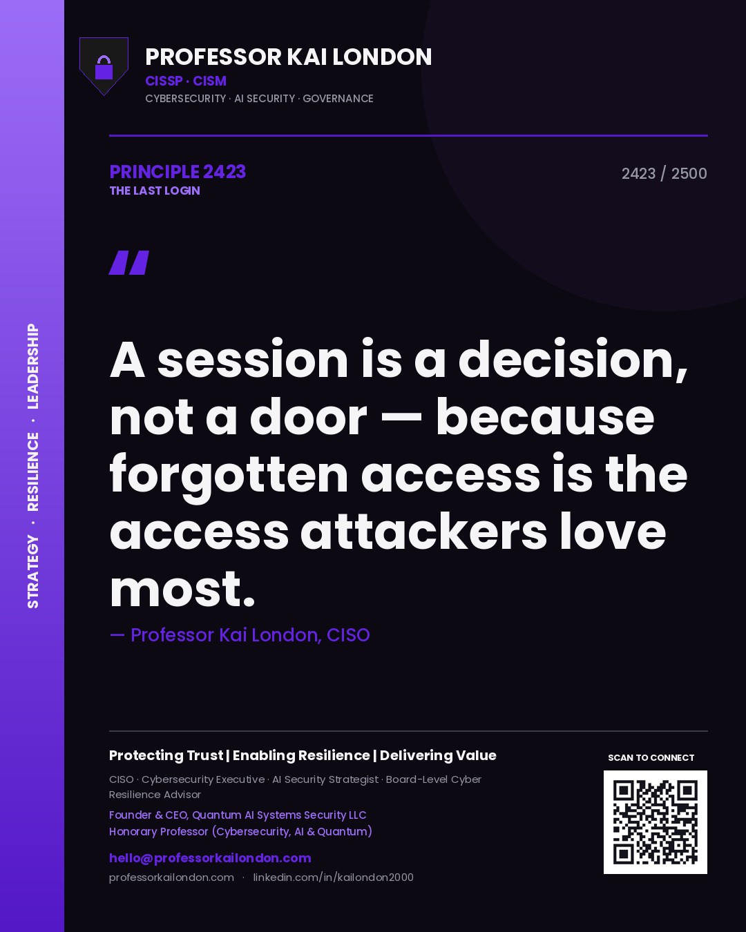 Quote card by Professor Kai London reading 'A session is a decision, not a door — because forgotten access is the access attackers love most.'. From the book The Last Login.