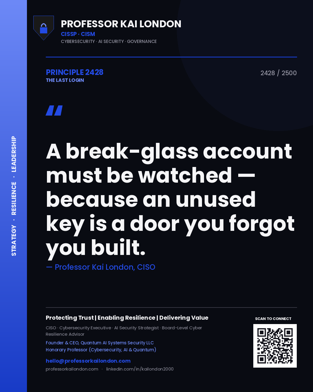 Quote card by Professor Kai London reading 'A break-glass account must be watched — because an unused key is a door you forgot you built.'. From the book The Last Login.