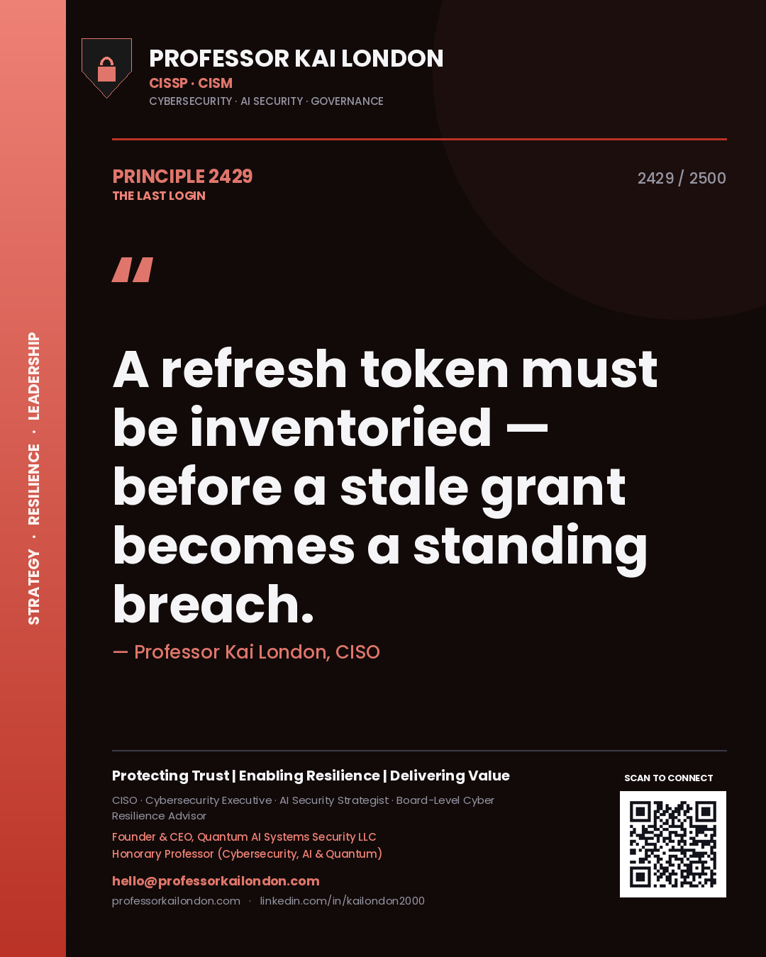 Quote card by Professor Kai London reading 'A refresh token must be inventoried — before a stale grant becomes a standing breach.'. From the book The Last Login.