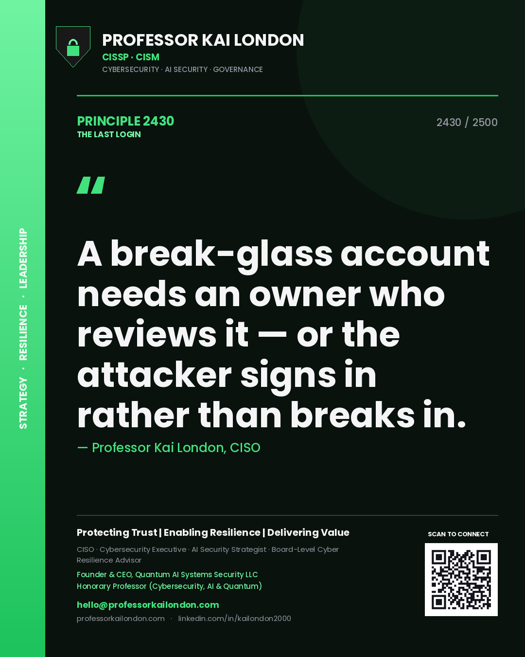 Quote card by Professor Kai London reading 'A break-glass account needs an owner who reviews it — or the attacker signs in rather than breaks in.'. From the book The Last Login.