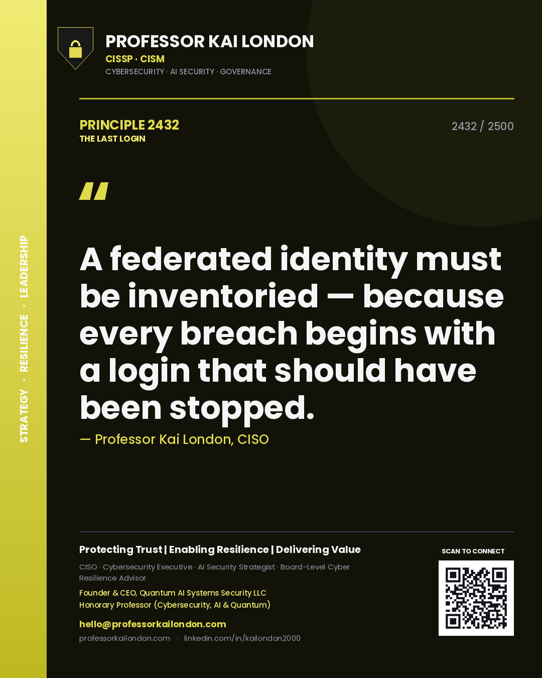 Quote card by Professor Kai London reading 'A federated identity must be inventoried — because every breach begins with a login that should have been stopped.'. From the book The Last Login.