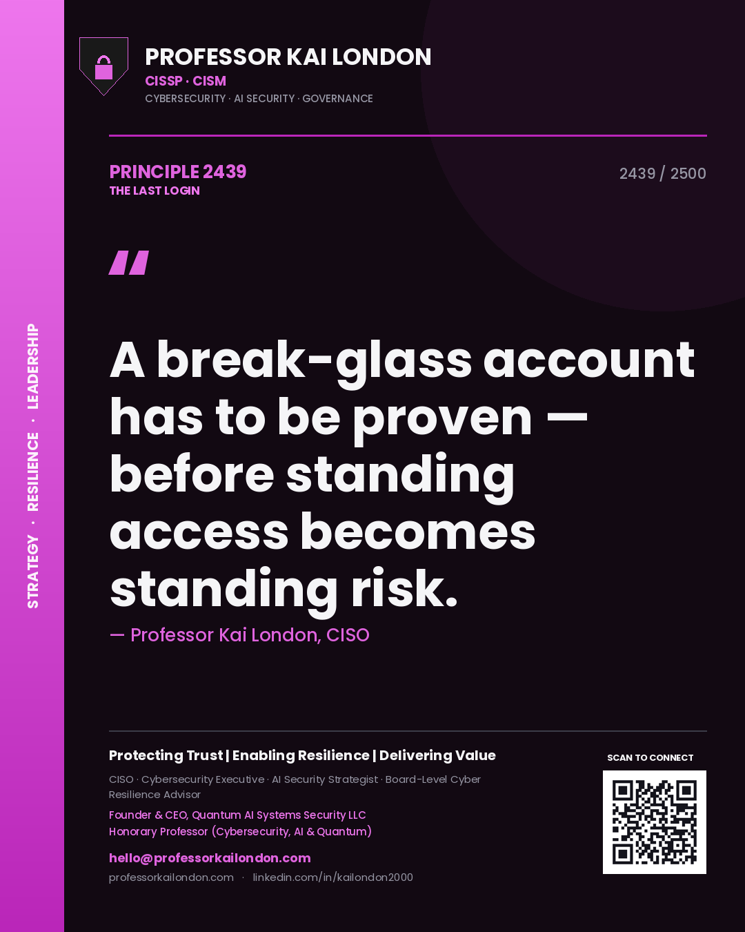 Quote card by Professor Kai London reading 'A break-glass account has to be proven — before standing access becomes standing risk.'. From the book The Last Login.