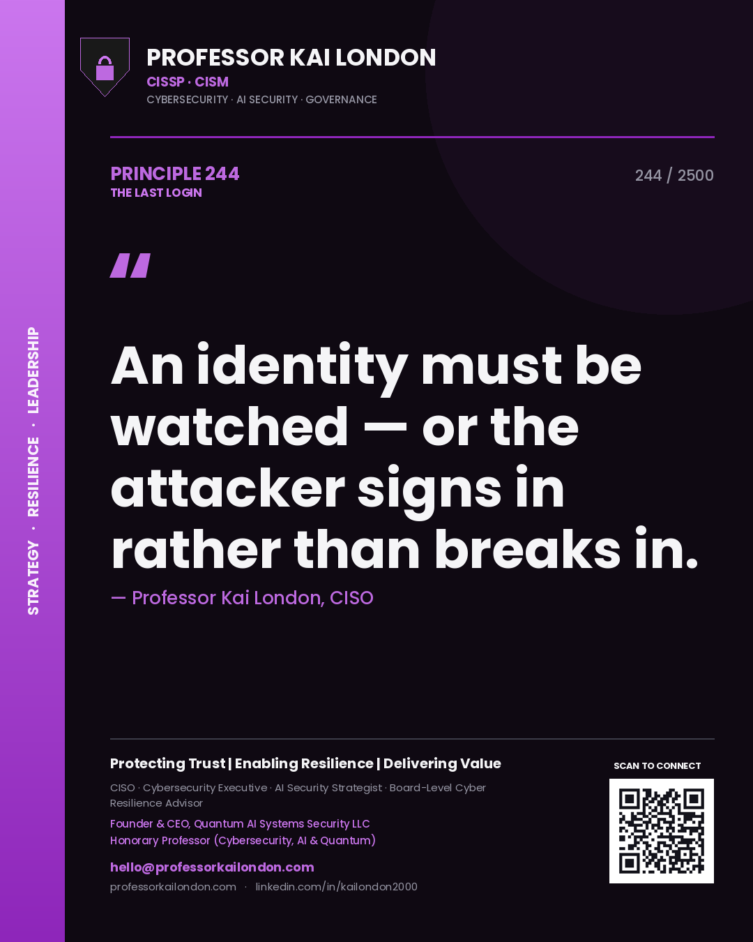 Quote card by Professor Kai London reading 'An identity must be watched — or the attacker signs in rather than breaks in.'. From the book The Last Login.