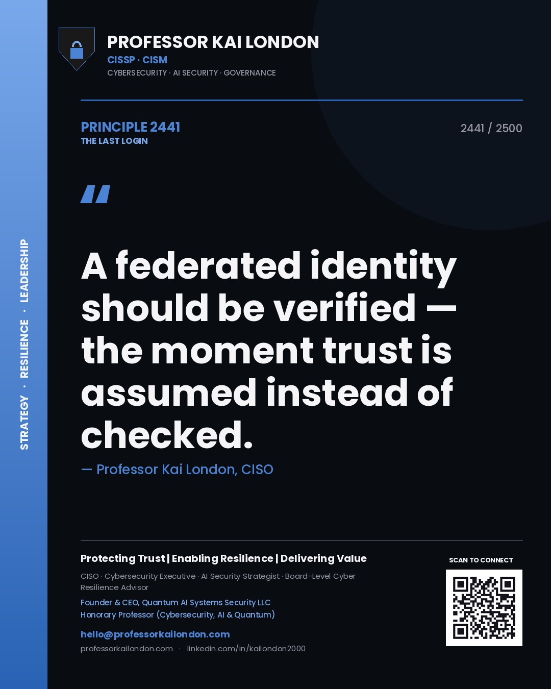 Quote card by Professor Kai London reading 'A federated identity should be verified — the moment trust is assumed instead of checked.'. From the book The Last Login.