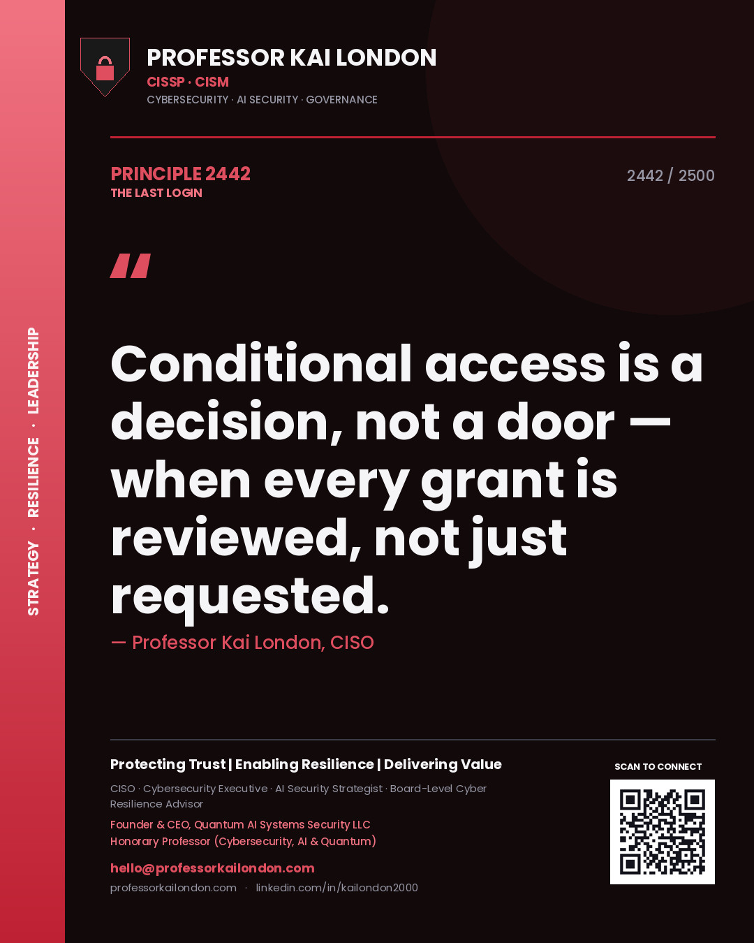 Quote card by Professor Kai London reading 'Conditional access is a decision, not a door — when every grant is reviewed, not just requested.'. From the book The Last Login.