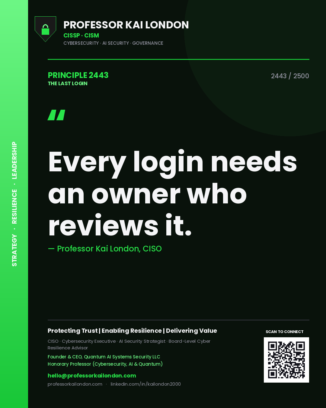 Quote card by Professor Kai London reading 'Every login needs an owner who reviews it.'. From the book The Last Login.