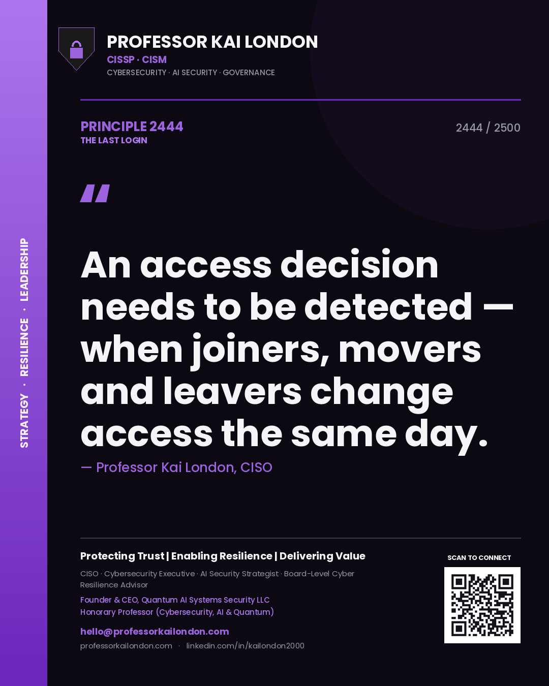 Quote card by Professor Kai London reading 'An access decision needs to be detected — when joiners, movers and leavers change access the same day.'. From the book The Last Login.