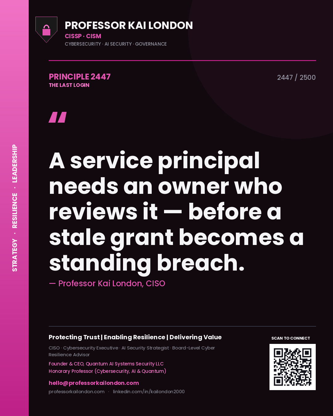 Quote card by Professor Kai London reading 'A service principal needs an owner who reviews it — before a stale grant becomes a standing breach.'. From the book The Last Login.