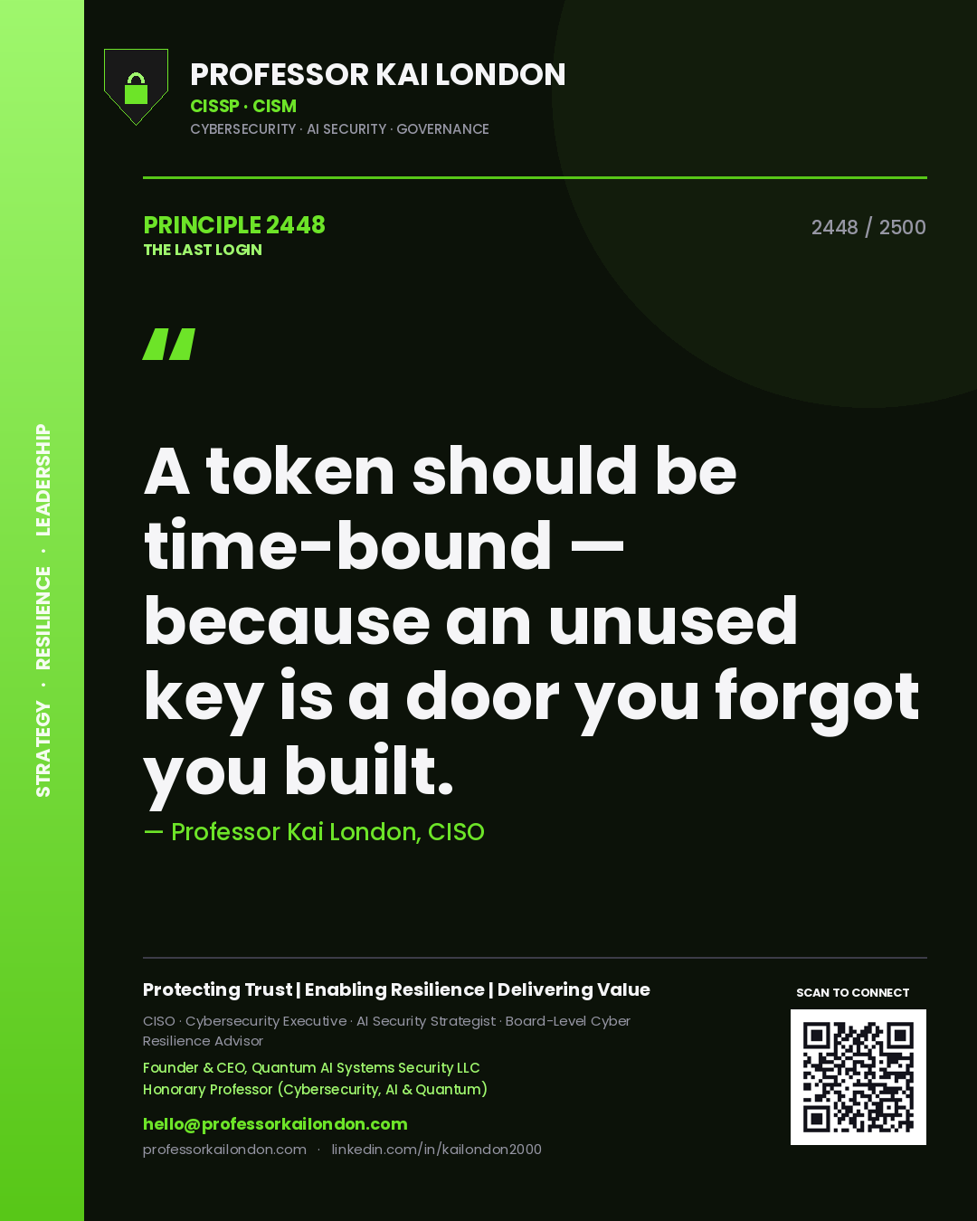 Quote card by Professor Kai London reading 'A token should be time-bound — because an unused key is a door you forgot you built.'. From the book The Last Login.