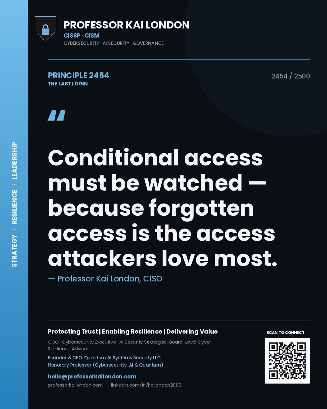 Quote card by Professor Kai London reading 'Conditional access must be watched — because forgotten access is the access attackers love most.'. From the book The Last Login.