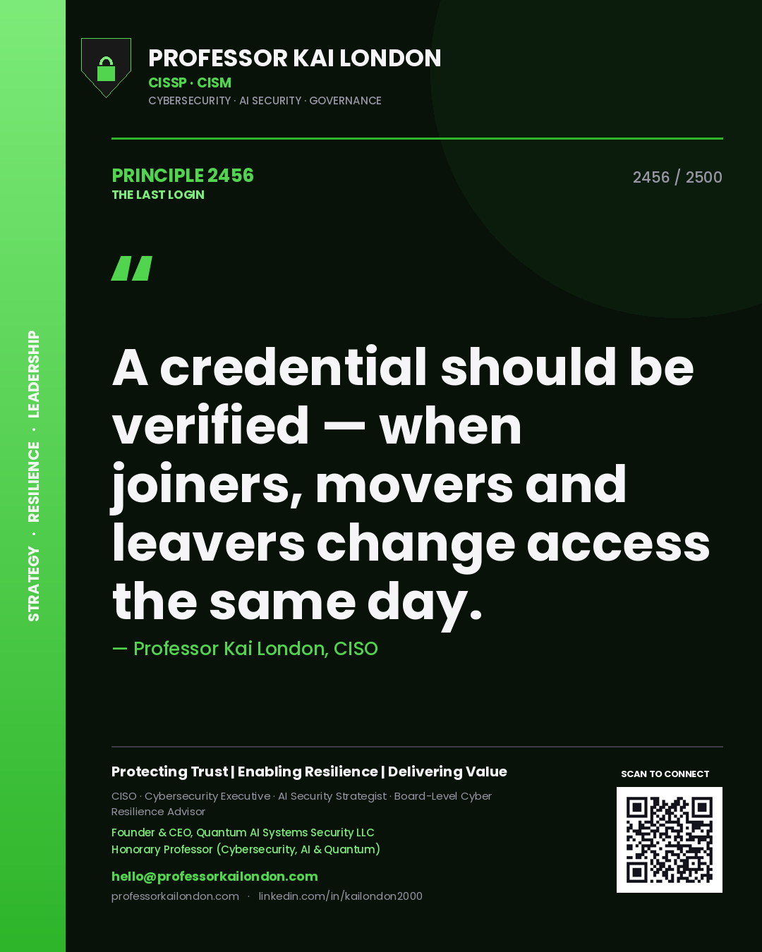 Quote card by Professor Kai London reading 'A credential should be verified — when joiners, movers and leavers change access the same day.'. From the book The Last Login.