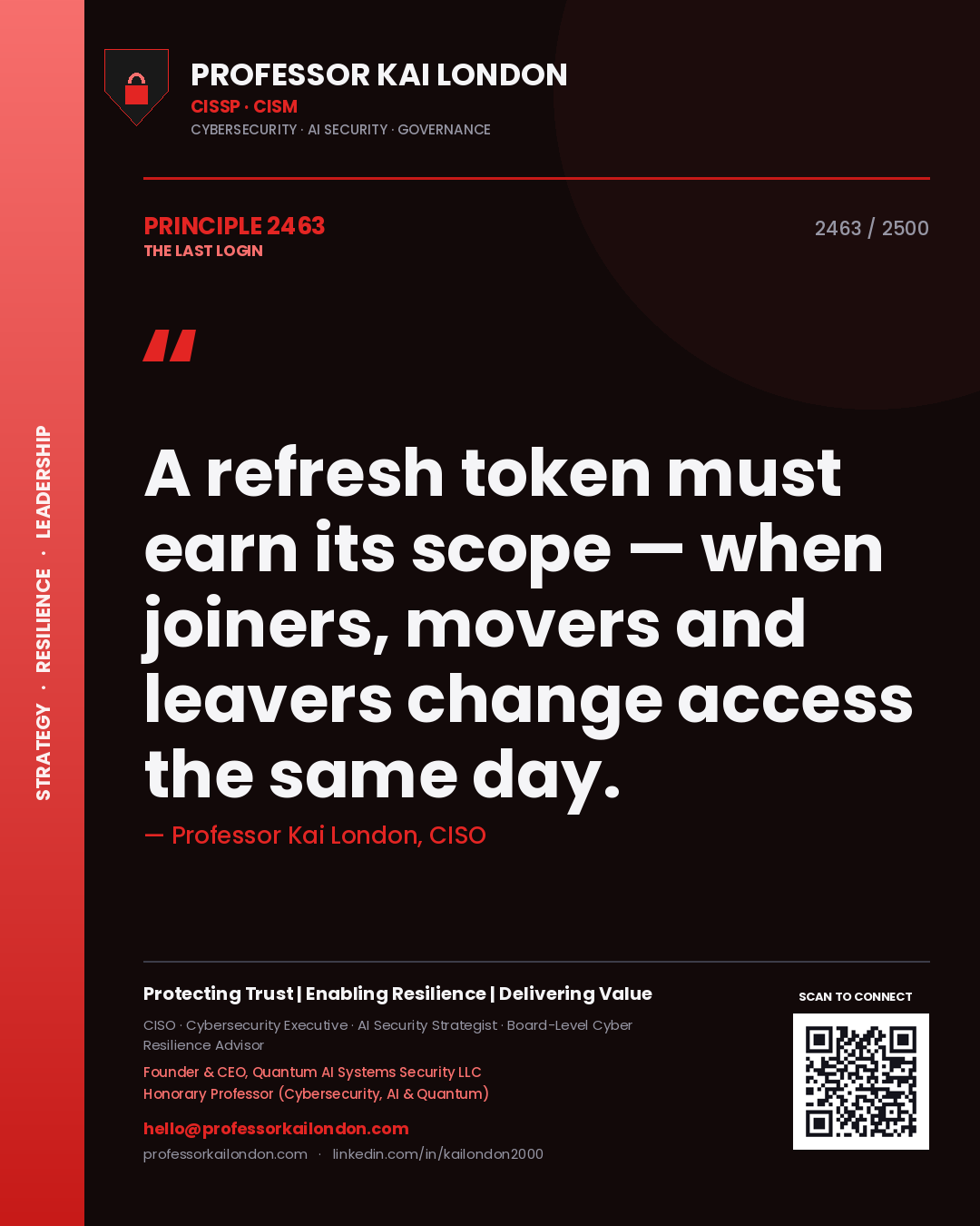 Quote card by Professor Kai London reading 'A refresh token must earn its scope — when joiners, movers and leavers change access the same day.'. From the book The Last Login.