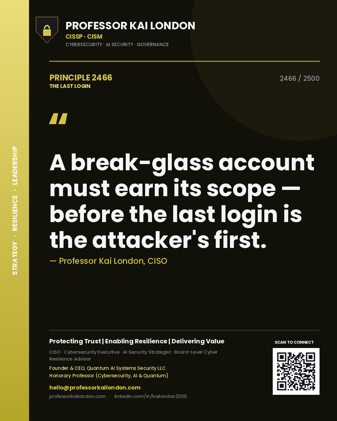Quote card by Professor Kai London reading 'A break-glass account must earn its scope — before the last login is the attacker's first.'. From the book The Last Login.
