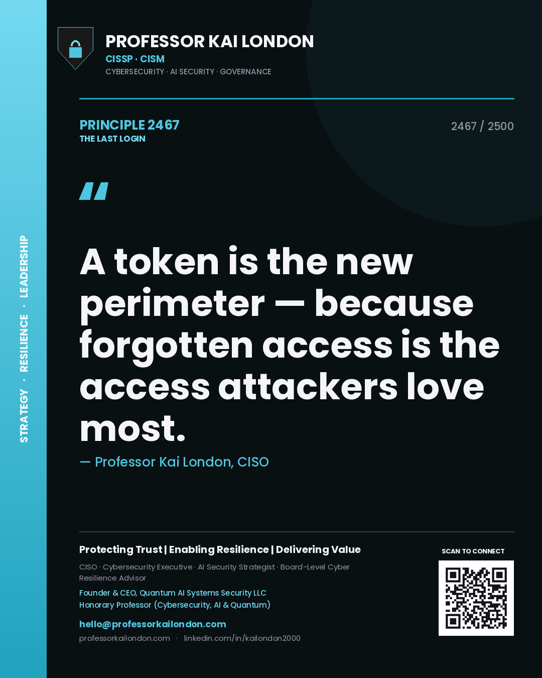 Quote card by Professor Kai London reading 'A token is the new perimeter — because forgotten access is the access attackers love most.'. From the book The Last Login.