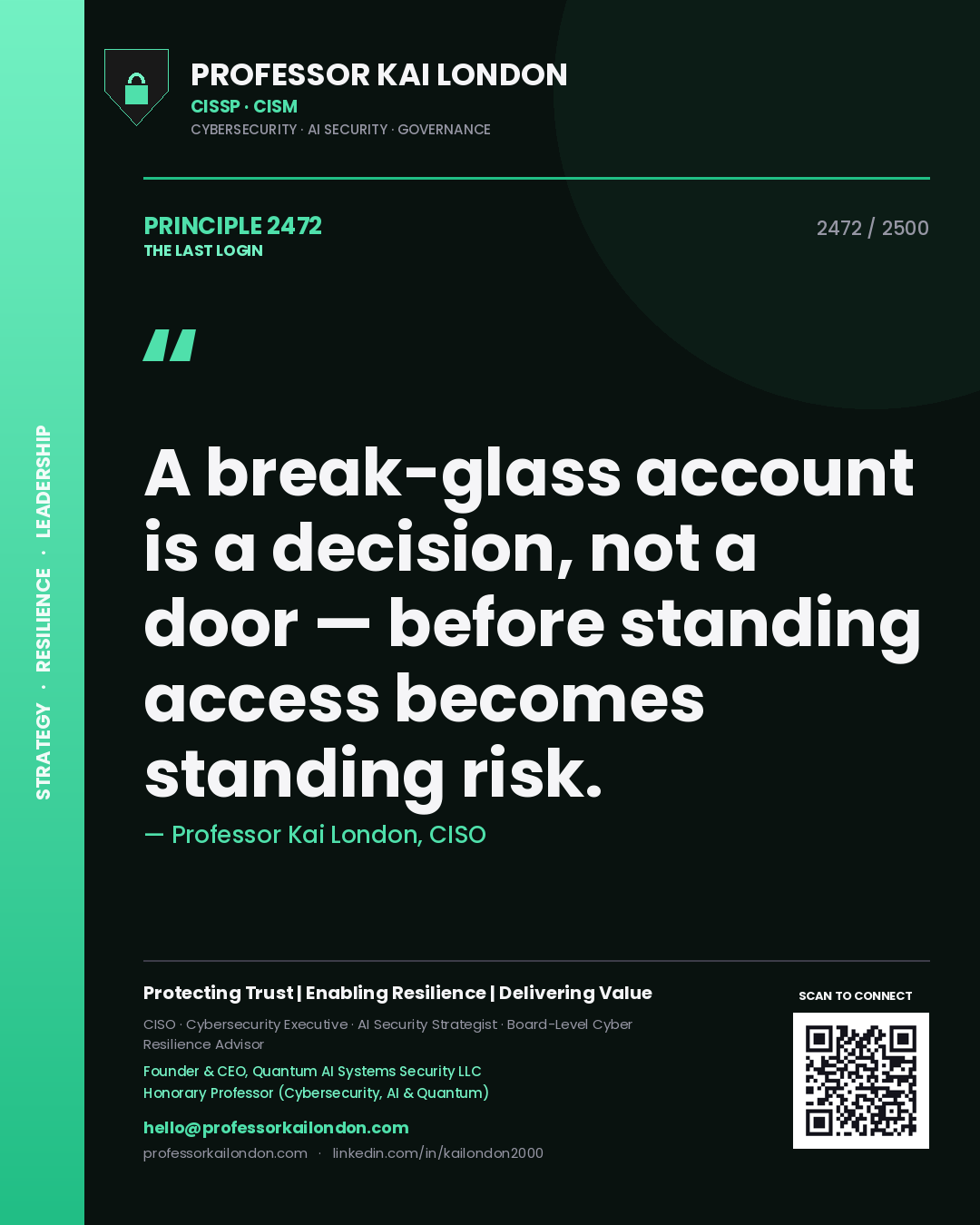 Quote card by Professor Kai London reading 'A break-glass account is a decision, not a door — before standing access becomes standing risk.'. From the book The Last Login.