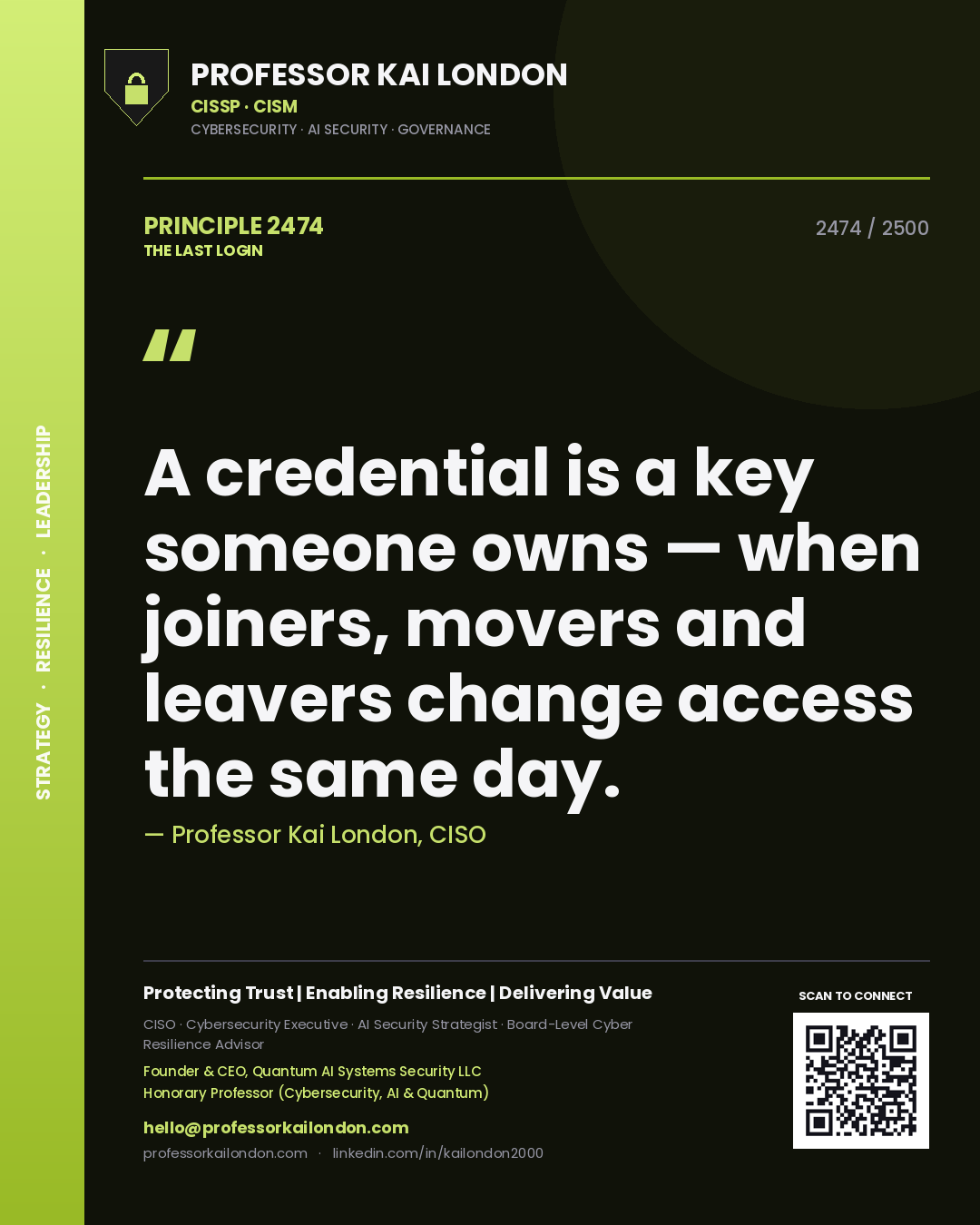 Quote card by Professor Kai London reading 'A credential is a key someone owns — when joiners, movers and leavers change access the same day.'. From the book The Last Login.