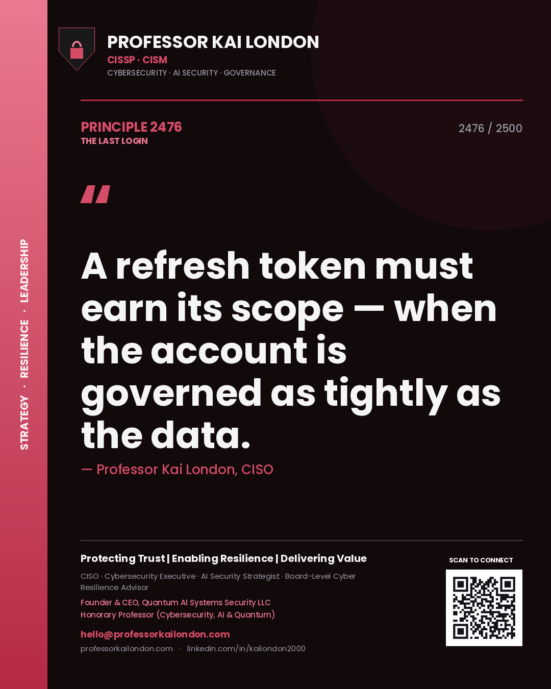 Quote card by Professor Kai London reading 'A refresh token must earn its scope — when the account is governed as tightly as the data.'. From the book The Last Login.