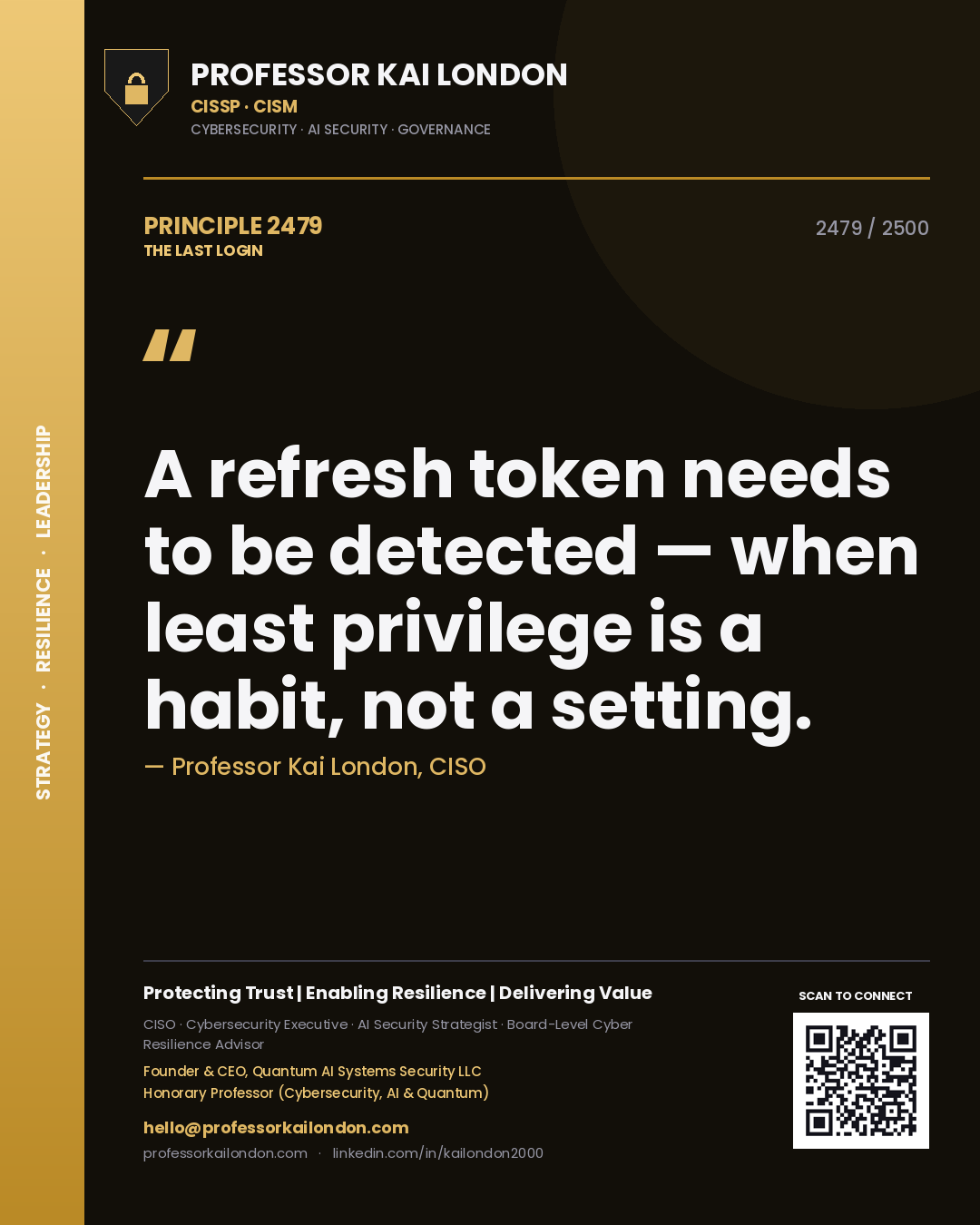 Quote card by Professor Kai London reading 'A refresh token needs to be detected — when least privilege is a habit, not a setting.'. From the book The Last Login.