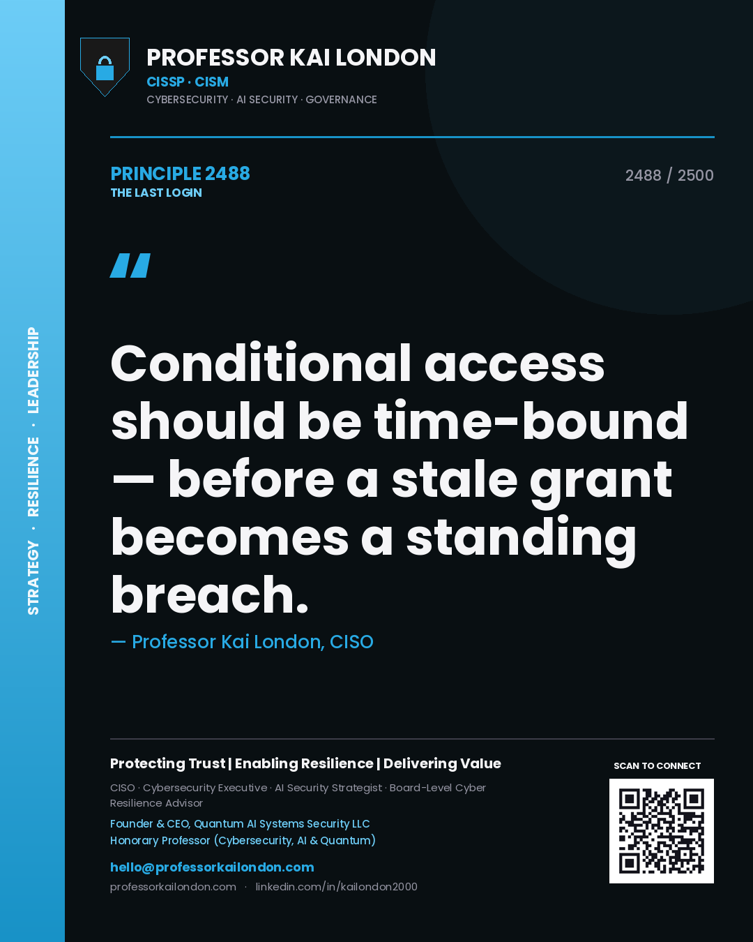Quote card by Professor Kai London reading 'Conditional access should be time-bound — before a stale grant becomes a standing breach.'. From the book The Last Login.