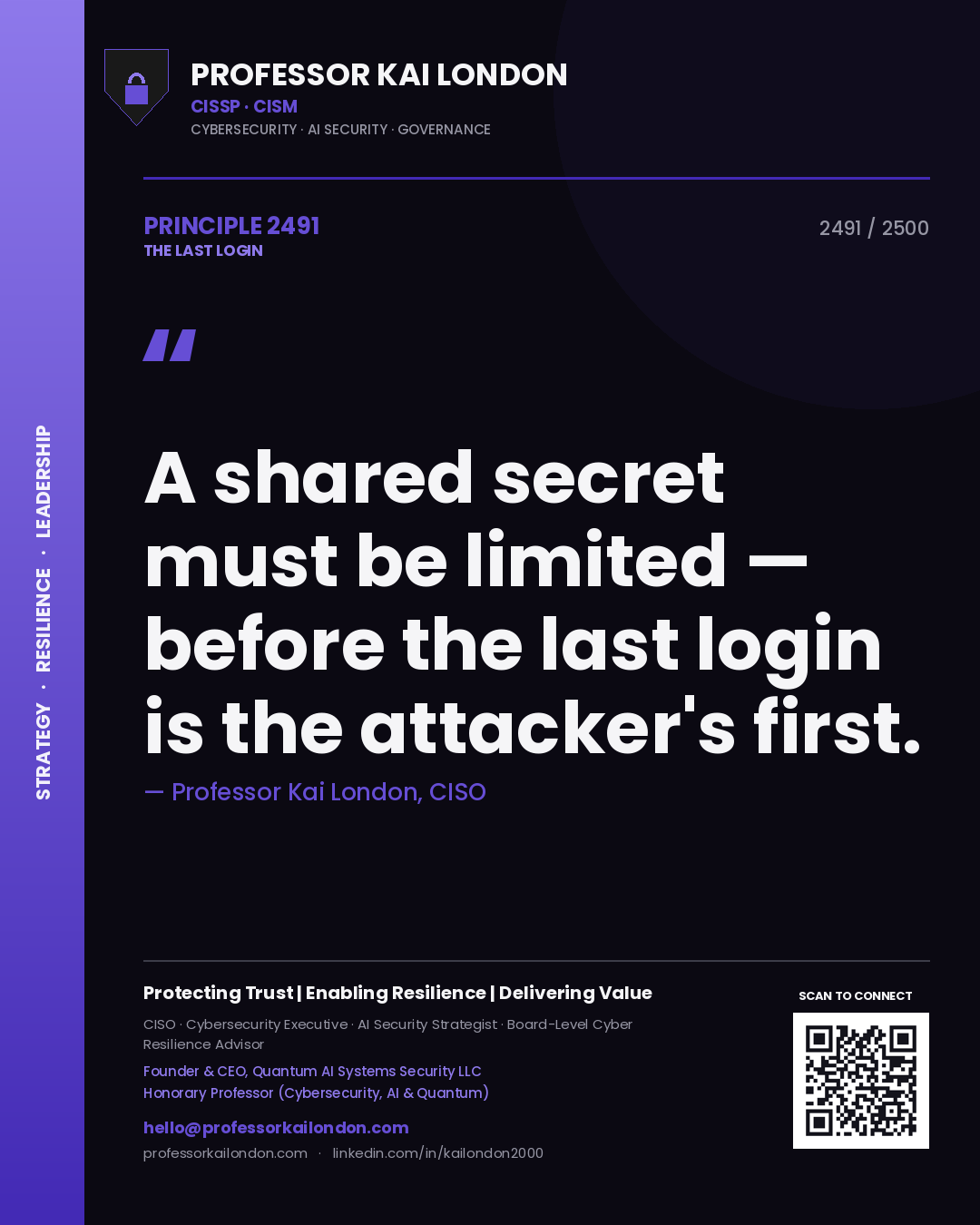 Quote card by Professor Kai London reading 'A shared secret must be limited — before the last login is the attacker's first.'. From the book The Last Login.