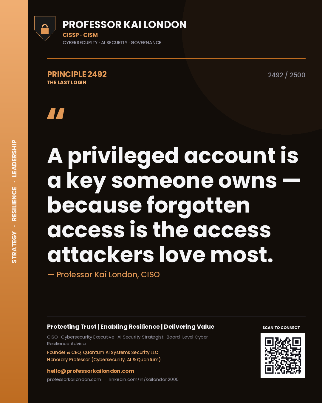 Quote card by Professor Kai London reading 'A privileged account is a key someone owns — because forgotten access is the access attackers love most.'. From the book The Last Login.