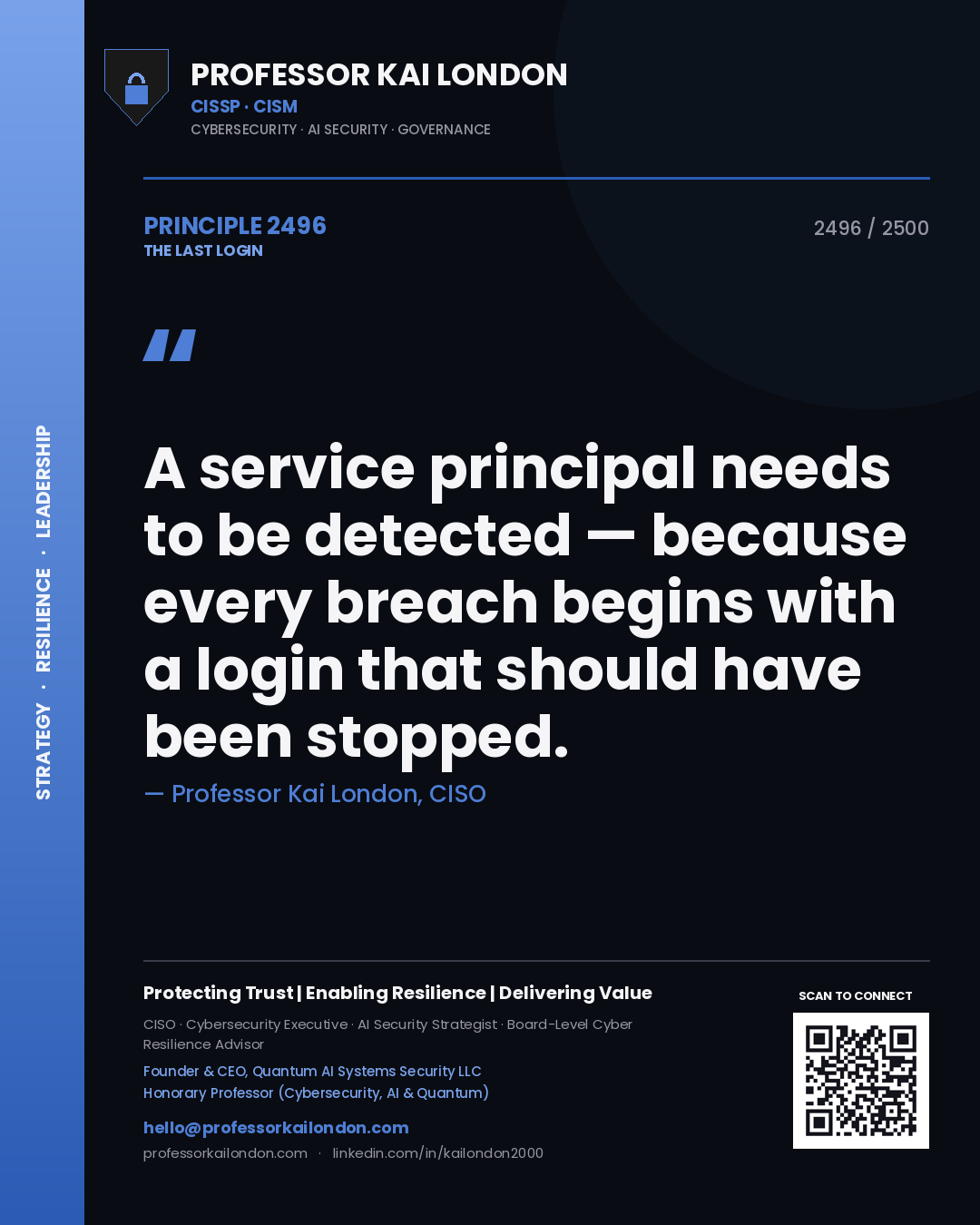 Quote card by Professor Kai London reading 'A service principal needs to be detected — because every breach begins with a login that should have been stopped.'. From the book The Last Login.