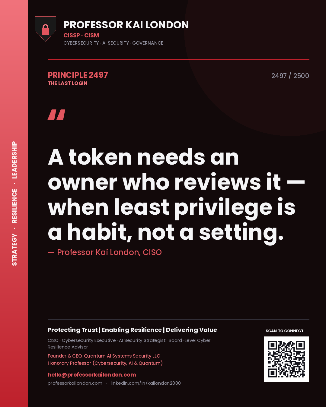 Quote card by Professor Kai London reading 'A token needs an owner who reviews it — when least privilege is a habit, not a setting.'. From the book The Last Login.