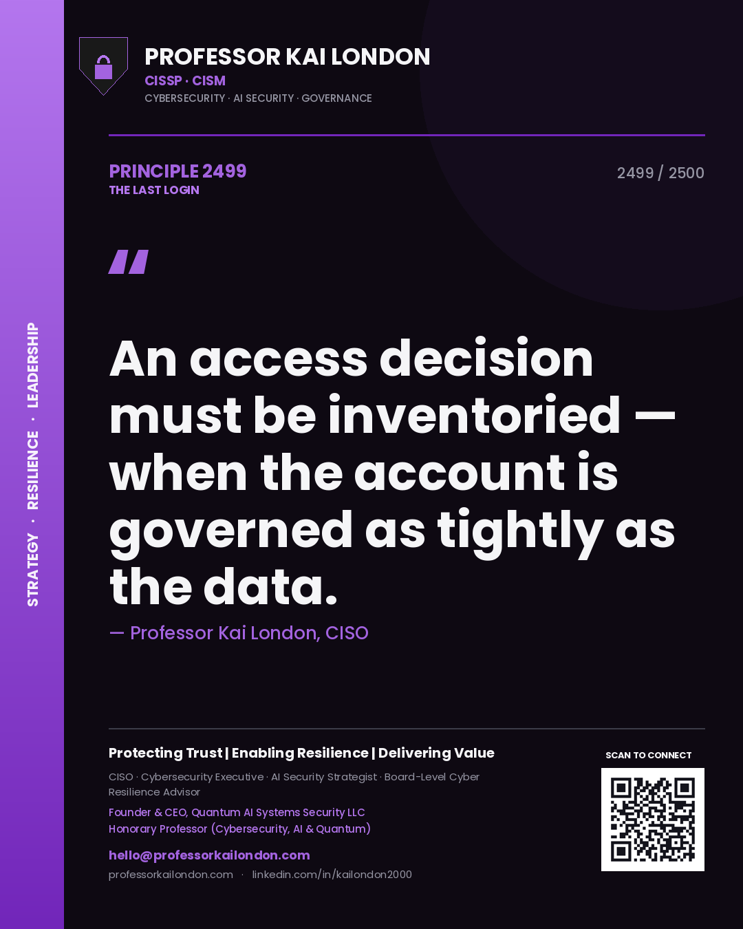 Quote card by Professor Kai London reading 'An access decision must be inventoried — when the account is governed as tightly as the data.'. From the book The Last Login.