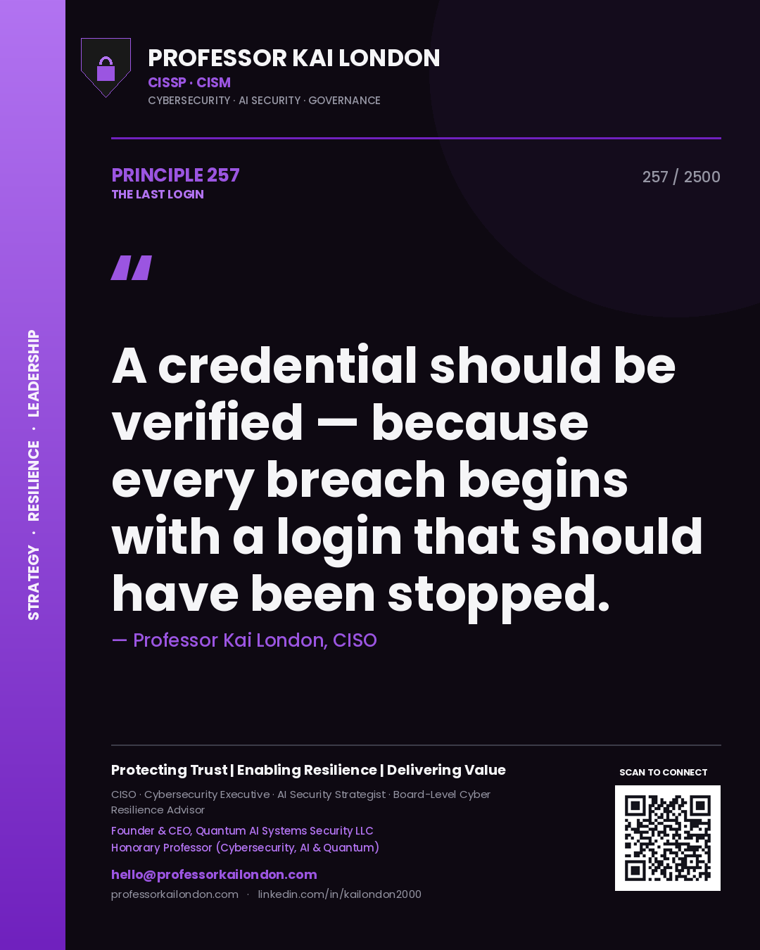 Quote card by Professor Kai London reading 'A credential should be verified — because every breach begins with a login that should have been stopped.'. From the book The Last Login.