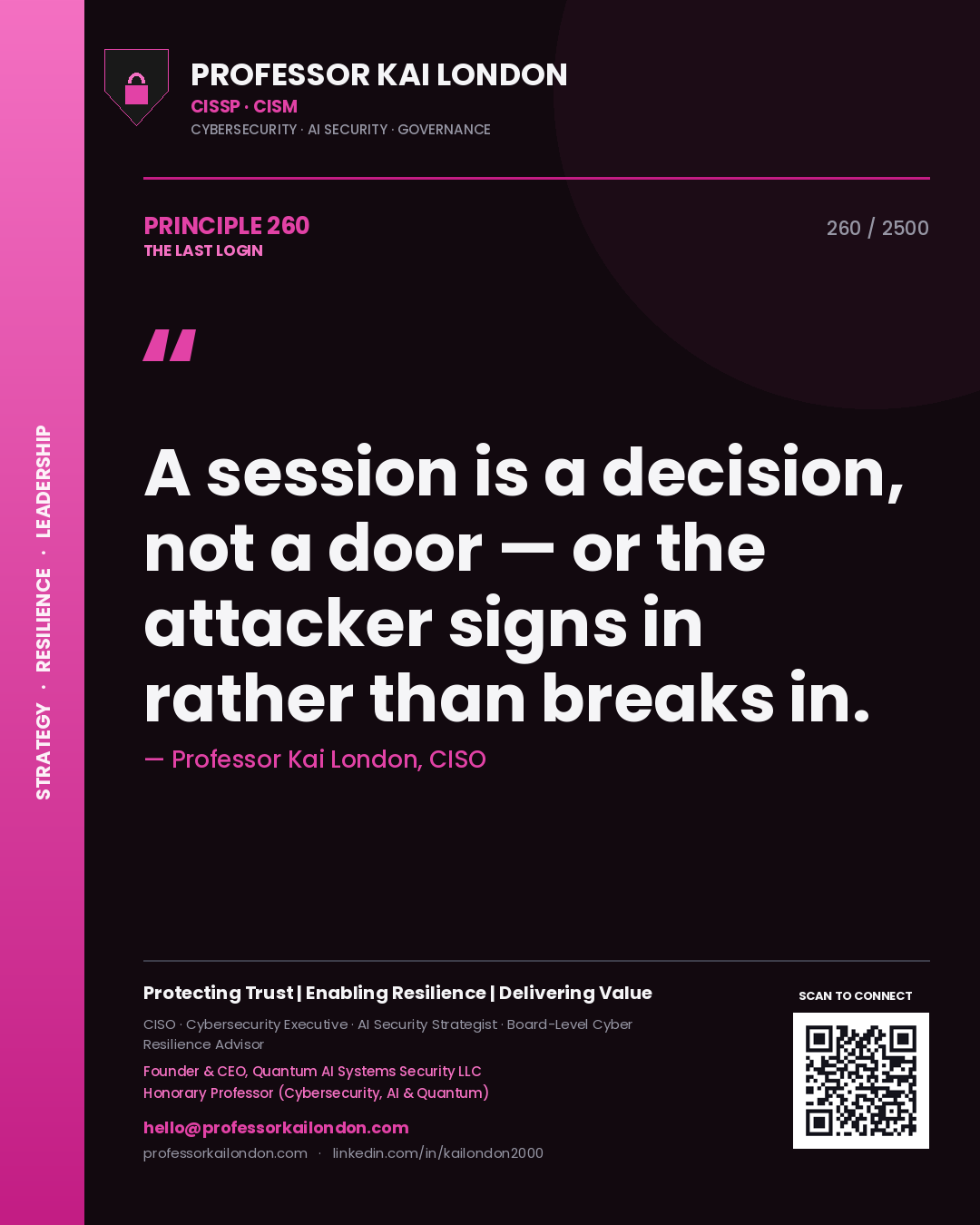 Quote card by Professor Kai London reading 'A session is a decision, not a door — or the attacker signs in rather than breaks in.'. From the book The Last Login.