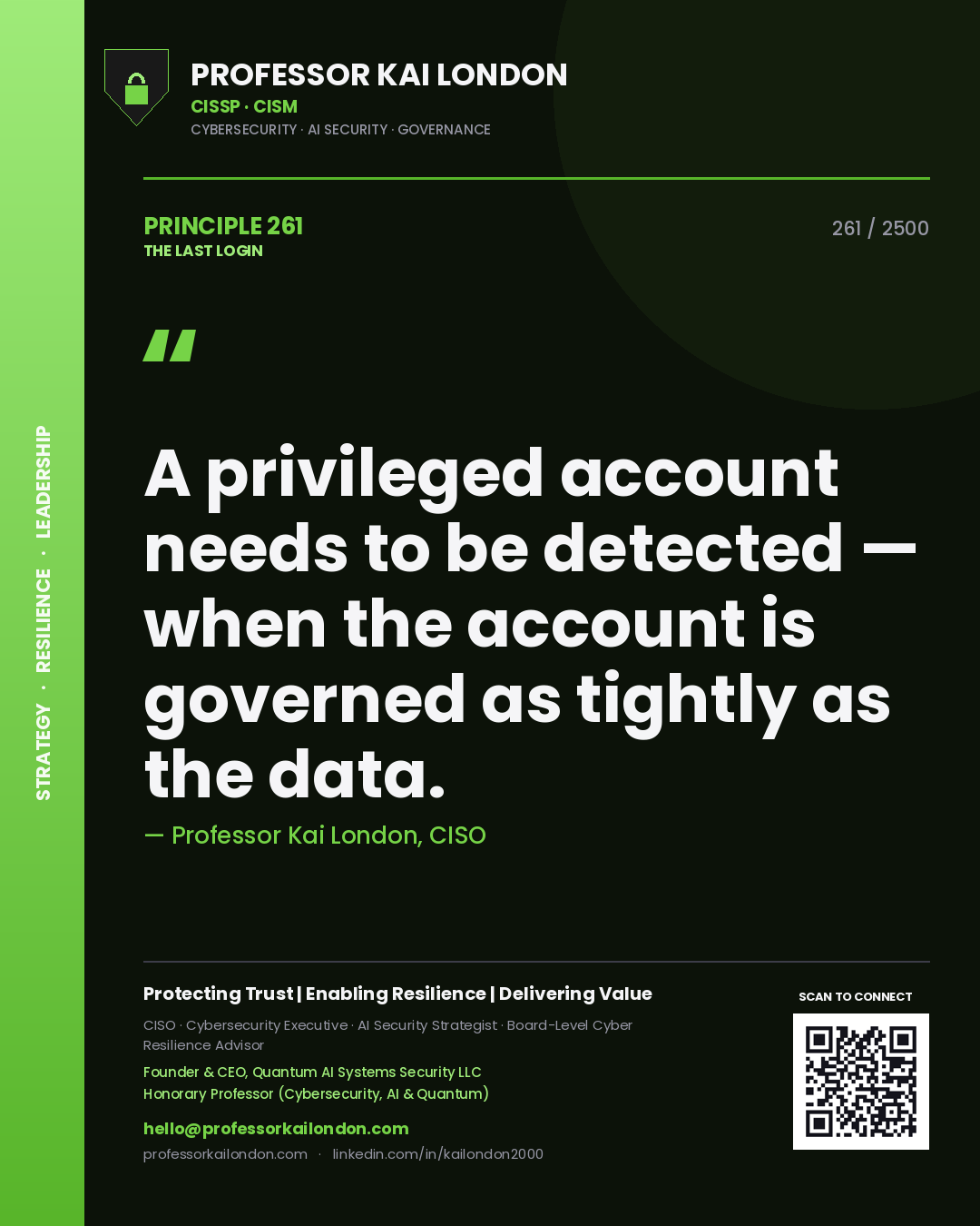 Quote card by Professor Kai London reading 'A privileged account needs to be detected — when the account is governed as tightly as the data.'. From the book The Last Login.
