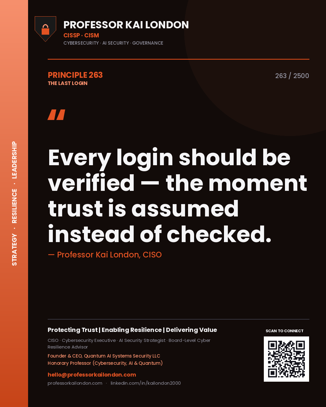 Quote card by Professor Kai London reading 'Every login should be verified — the moment trust is assumed instead of checked.'. From the book The Last Login.